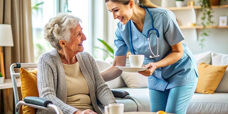 Caregiver assisting an elderly woman at home