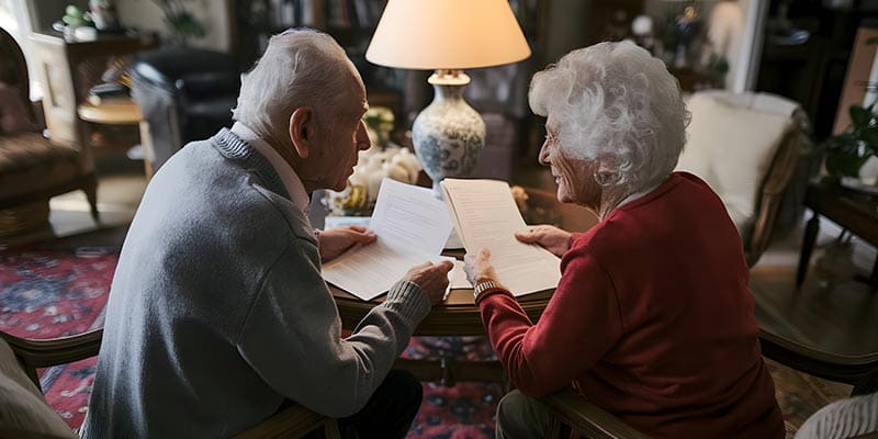 Elderly couple discussing estate planning.